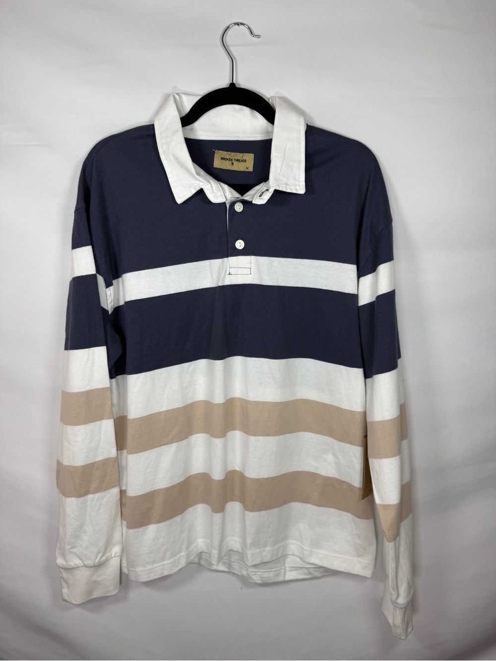 NWT Broken Threads Men's Medium Striped Rugby Polo Shirt Long Sleeve Navy Tan